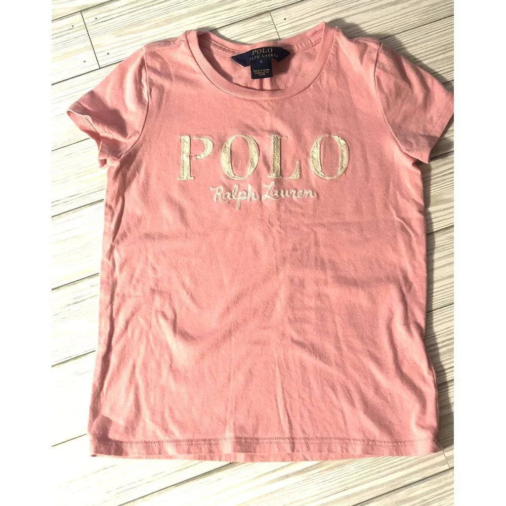 Polo Ralph Lauren Girls Short Sleeve‎ Hint Of Pink Polo Logo Cotton T-Shirt Sz 5